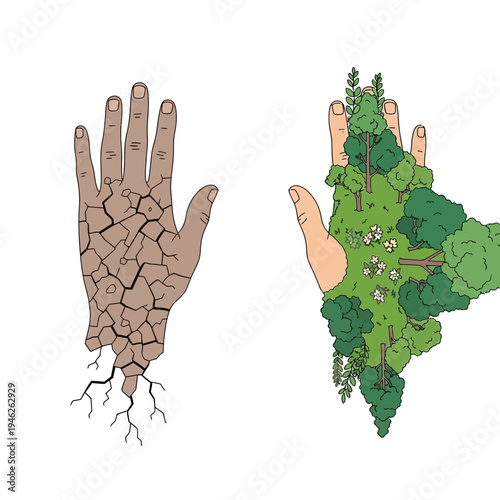 Hand transforming from dry cracked earth to lush green forest, symbolizing growth and nature