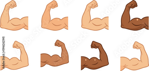 Strong muscular arm flexing biceps collection with different skin tones, fitness strength symbol icons vector illustration set