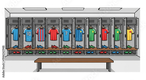 Sports Locker Room Illustration with Jerseys and Cleats