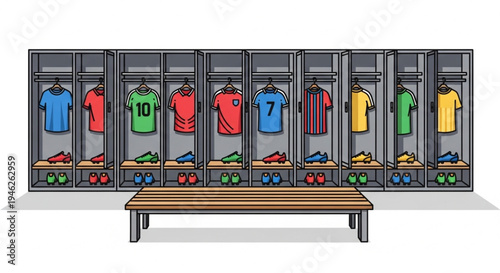 Sports Locker Room Illustration with Team Jerseys and Cleats