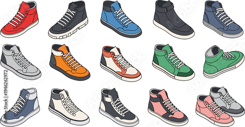 Stylish Sneakers and High Top Shoes Vector Set with Casual Streetwear Footwear, Sport Trainers, and Fashion Sneaker Illustration Collection