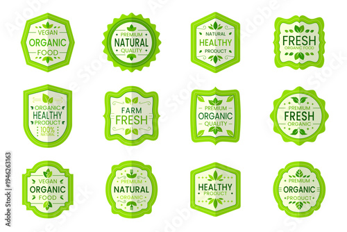 green organic food badge label set with vegan natural fresh farm premium healthy product packaging design