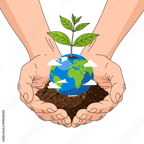 Hands holding planet earth with plant growing, symbolizing environmental protection and growth