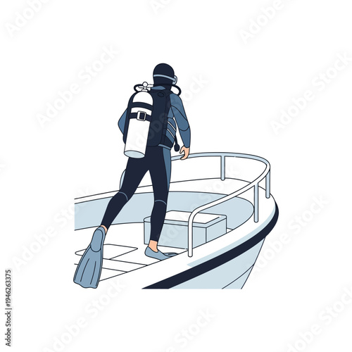 Scuba diver in wetsuit and fins preparing to dive from a boat