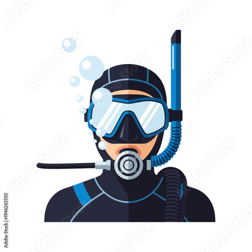 Scuba Diver Portrait with Bubbles, Snorkel, Mask, and Wetsuit