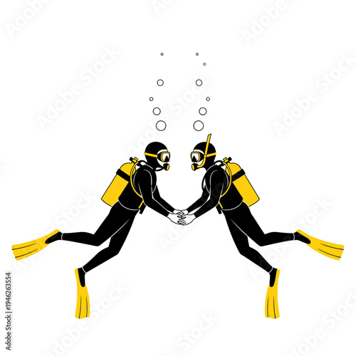 Couple divers holding hands underwater, yellow scuba gear, bubbles, white background