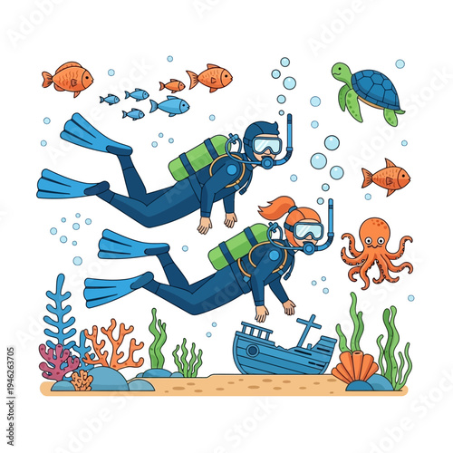 Couple scuba diving exploring underwater shipwreck with marine life and coral reef