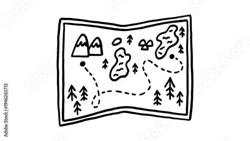 Hand Drawn Doodle Adventure Map with Mountains and Lakes