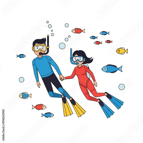 Couple snorkeling underwater holding hands, surrounded by colorful fish and bubbles