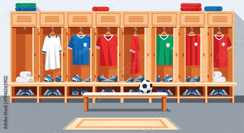 Professional Soccer Locker Room Illustration with Team Jerseys