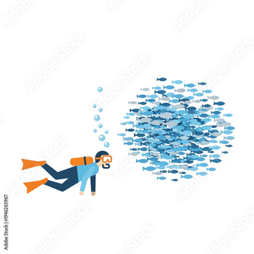 Diver observing a large school of fish underwater, ocean life, marine biology