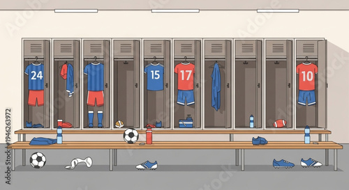 Professional Sports Locker Room Illustration with Team Equipment