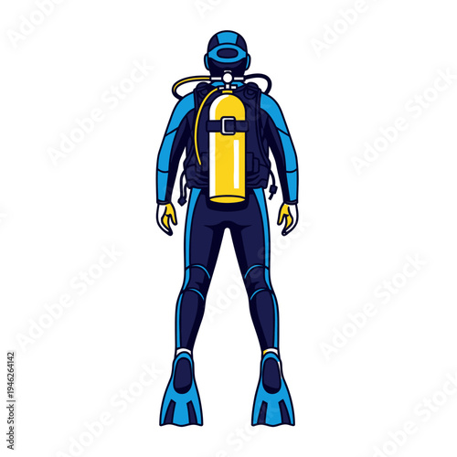 Scuba Diver Back View Blue Yellow Wetsuit Fins Tank