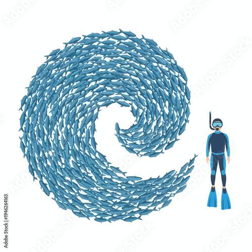 School of fish forming a wave shape near a scuba diver