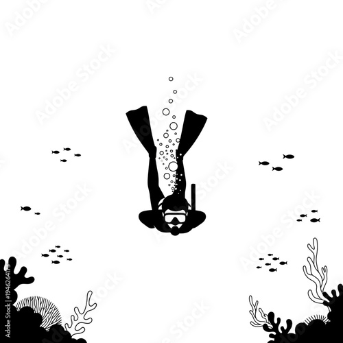 Scuba diver descending into ocean with coral reef and fish, underwater exploration