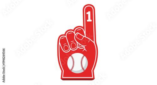 Red foam finger baseball fan hand with white baseball and number one on a clean white background