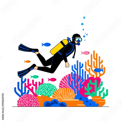 Scuba Diver Exploring Vibrant Coral Reef with Colorful Fish and Marine Life