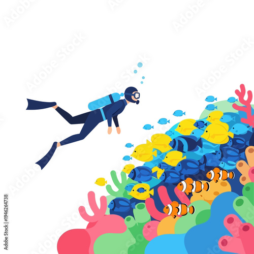 Scuba diver exploring vibrant coral reef with colorful fish swimming around