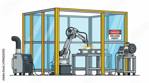 Automated robotic arm performing welding operations within a safety-enclosed industrial workspace.