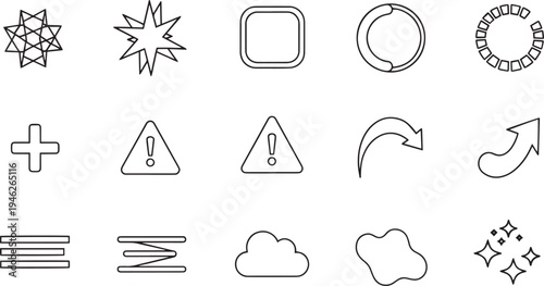 Modern UI Elements Icon Set Featuring Loading Spinners Warning Signs Arrows and Geometric Abstract Shapes in Thin Line Style
