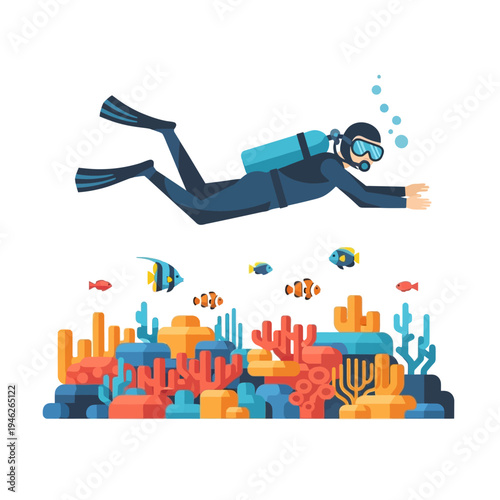 Scuba diver exploring vibrant coral reef with tropical fish swimming around