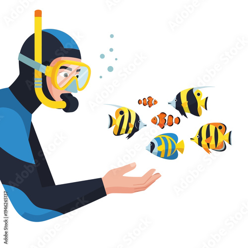 Scuba Diver Feeding Colorful Tropical Fish Underwater