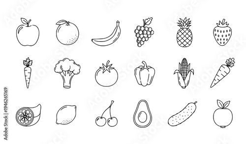 Fruit and vegetable outline doodle pattern vector illustration with hand drawn healthy food icons