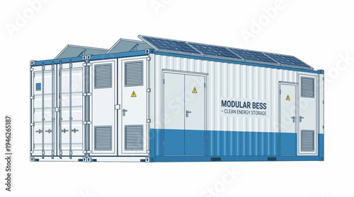 Illustration of a modular battery energy storage system (BESS) with solar panels on top, designed for clean energy storage.