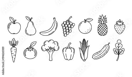 Outline fruit and vegetable doodle illustration set with hand drawn healthy food vector icons