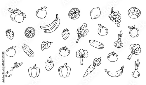 Hand drawn fruit and vegetable doodle icons outline healthy food vector pattern set