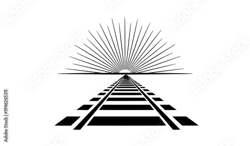 Railway tracks silhouette disappearing into horizon with sunburst minimalist black vector design