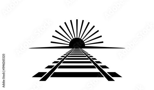 Minimal railway track silhouette with sunburst horizon black transportation vector icon