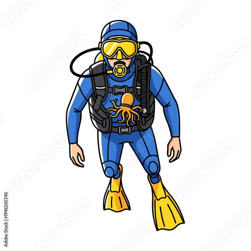 Scuba diver in blue suit with octopus emblem on vest, yellow fins, underwater exploration