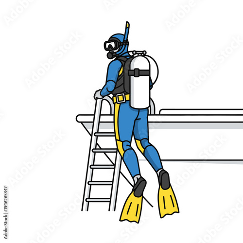 Scuba Diver in Blue Suit with Yellow Fins Preparing to Dive from Boat Ladder