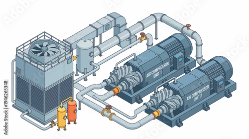 Isometric illustration of an industrial refrigeration system with two screw compressors, a cooling tower, and associated piping and ductwork.