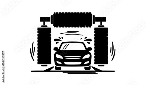 Car inside automatic carwash tunnel with rotating brushes black silhouette vector icon