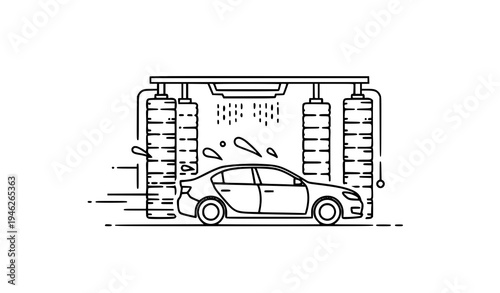 Automatic carwash machine with car and rotating brushes simple black line vector illustration