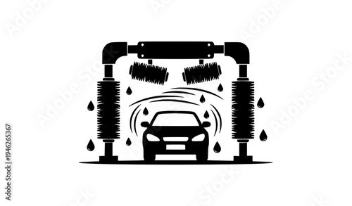 Black silhouette carwash tunnel with car and rotating cleaning brushes vector service icon