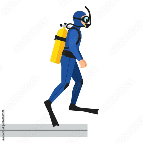 Scuba Diver in Blue Wetsuit Jumps into Water from Platform