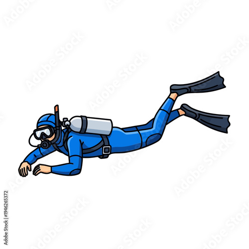 Scuba diver in blue wetsuit swimming underwater with scuba gear, fins, and mask