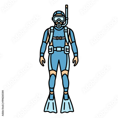 Scuba Diver in Blue Wetsuit with Snorkel and Fins Ready for Underwater Adventure