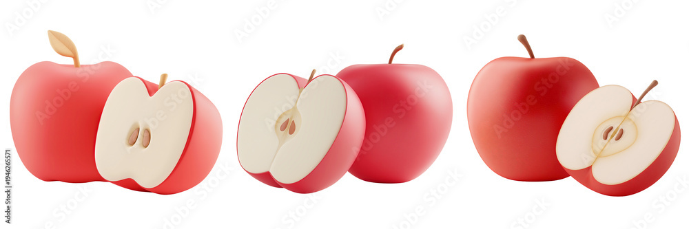 Obraz premium Vibrant 3d Pastel Red Apples with Halved Fruit Display on White