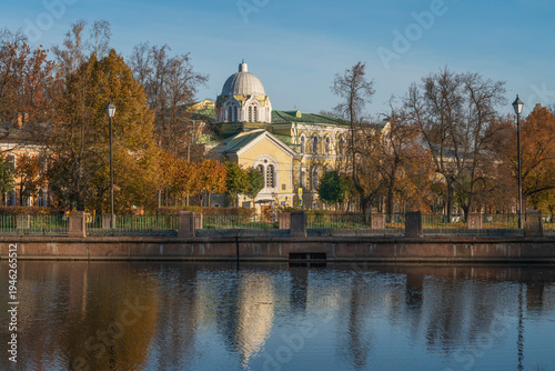 Church of the Nativity of the Blessed Virgin Mary in Tsarskoye Selo on the bank of the 4th Lower Pond on a sunny autumn day, Pushkin, St. Petersburg, Russia