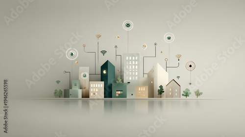 Minimalist Pastel Smart City Illustration with Connected Building Icons and Wireless Symbols Representing Sustainable Urban Tech