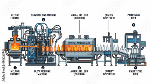 Illustration of the automated industrial process for manufacturing glass bottles, from melting raw materials to final packaging.