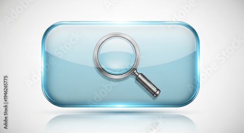 Magnifying glass over a translucent blue button icon.