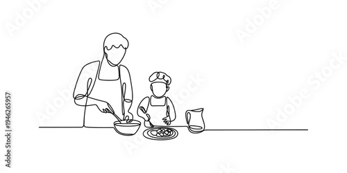 Minimalist continuous line art of a father and child preparing food together in the kitchen. Vector, illustration