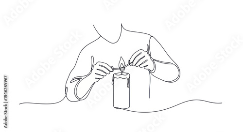 Person Lighting a Candle with a Match in a Continuous Line Drawing Style.