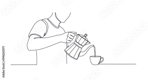 Person pouring coffee from a moka pot into a cup, continuous line art drawing.