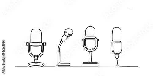Continuous line drawing of four different professional microphone styles for recording and broadcasting. Vector, illustration